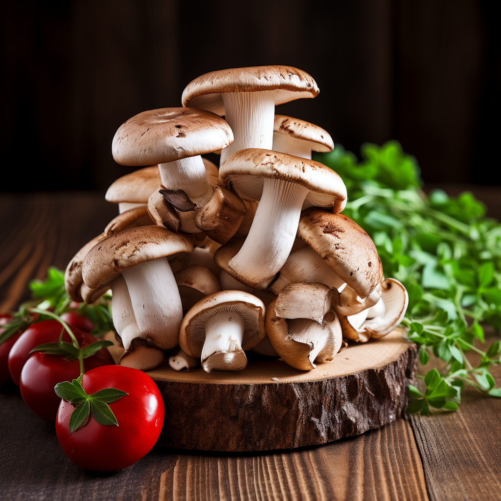 healthy group of tomatoes, lettuce, and mushrooms on a wooden table